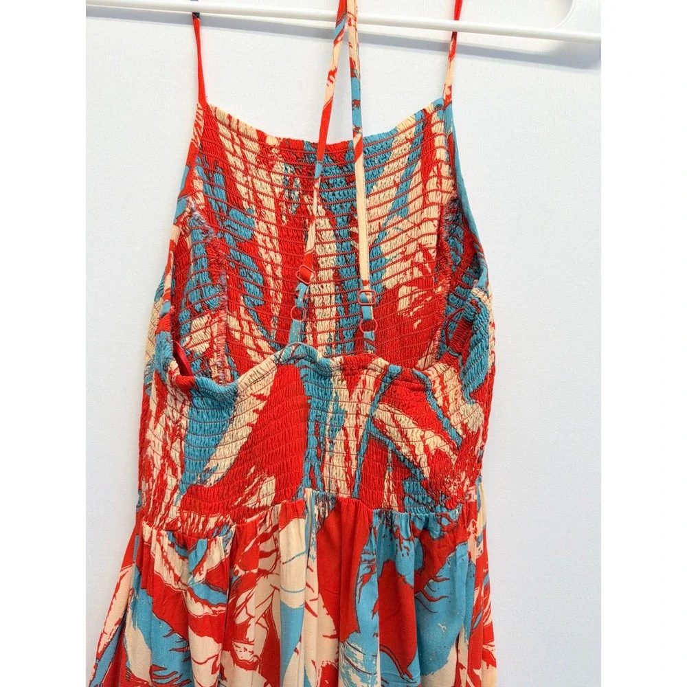 Free People Maxi Dress Smocked Floral Tropical Red Blue Women - Picture 8 of 12